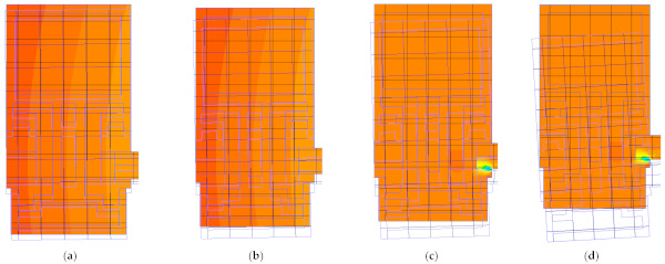 Figure 11. Deformations of the steel profile assembly as part of the insulating glass unit of samples No. 2.1–No. 2.3 while under the action of a thermal load at (a) 5 min, (b) 15 min, (c) 30 min, and (d) 45 min.