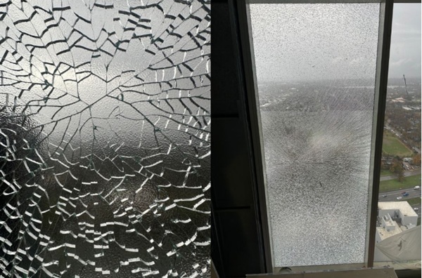 Fig. 3: Nickle Inclusion fracture on glass at jobsite.