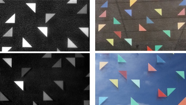 Figure 5. (Upper Left) A UV Image of the digitally printed coating, printed in a randomly colored triangle pattern and illuminated with conventional fluorescent light. (Upper Right) A conventional, interior photograph of the digitally-printed glass. (Lower Left) UV Image of the digitally-printed glass illuminated with 395 nm light. (Lower Right) A conventional, exterior photograph of the digitally-printed glass.