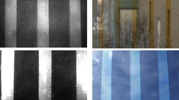 Figure 6. (Upper Left) A UV Image of a 5-Layer Coating, printed in a stripe pattern and illuminated with 365 nm light. (Upper Right) A conventional, interior photograph of the 5-Layer Coating. (Lower Left) UV Image of the 5-Layer Coating illuminated with 395 nm light. (Lower Right) A conventional, exterior photograph of the 5-Layer Coating.