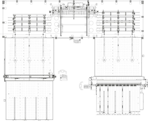 Distribution of automatic warehouse SR-03 + cutting lines RUBI 303VA + MT300 and LAM 304 + MV300