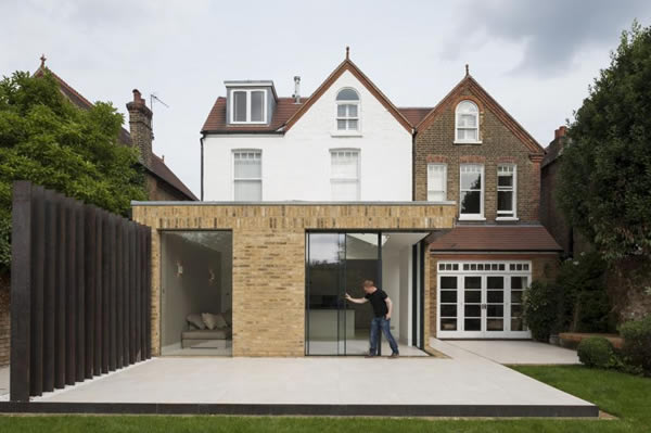 KELLER minimal windows® sliding pocket doors with open corner to modern extension in Putney London