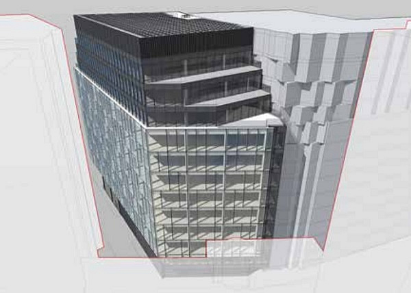 Figure 1.4. The upper levels are set-back from the main facade line to create terraces as well as architectural modelling appropriate for the site location (Denton Corker Marshall, London). 