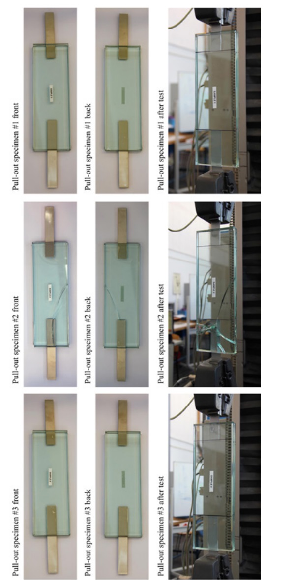 Figure 10: Pull-out specimens; left: front side before test; middle: back side before test; right: front side after test