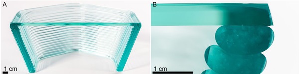 Fig. 10: A) Cross section of printed float glass on 6.4mm Optifloat B) Detail view of fusion between float sheet glass and extruded glass as well as extruded glass and extruded glass.