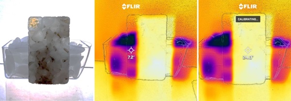 Fig. 10. Qualitative visual infrared thermal assessment (FLIR camera) of sample in front of an ice container (left: visual key image, center: temperature of the wall of the ice container, right: temperature at the surface of the glass placed held 1cm in front of the ice, after 10mins)