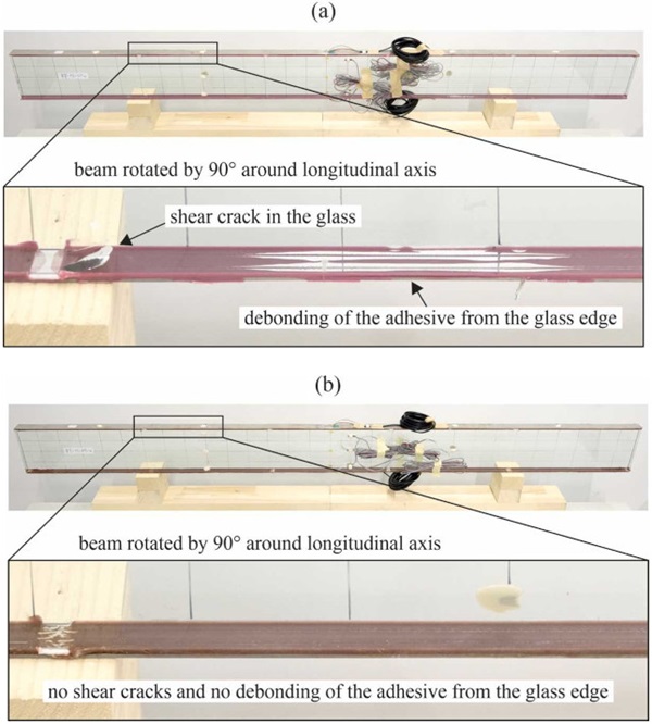 Fig. 10. Different features observed after performing the activation of the Fe-SMA tendons by electrical resistive heating: (a) local debonding from the glass edges and spreading of the epoxy adhesive, and shear cracks in the glass due to concentrated load introduction for specimens with the epoxy adhesive, and (b) no debonding and no shear cracks for specimens with the methacrylate adhesive.