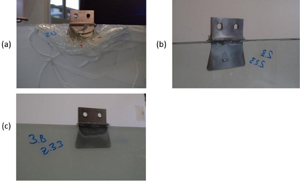 Figure 10. Typical failure patterns for the three different interlayer configurations used a) glass breakage mixed stack; b) delamination in structural PVB at high force from cavitated origin; c) delamination front translucent white PVB interlayer