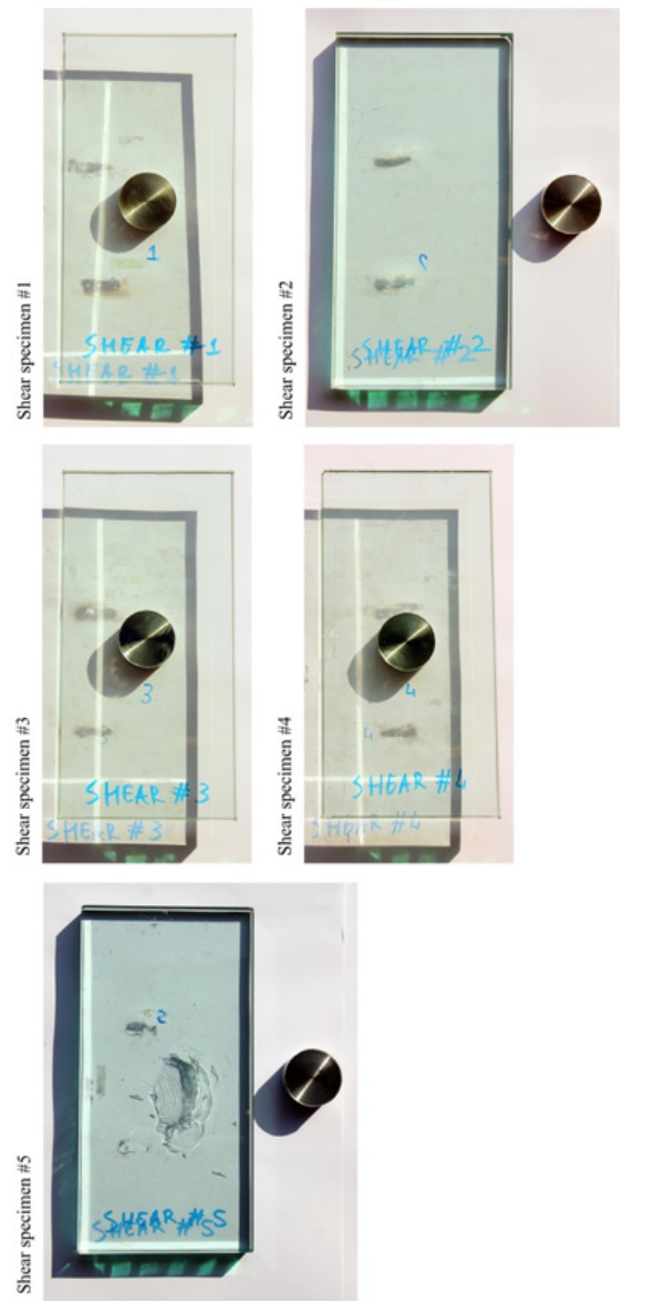 Figure 11: Shear specimens after test. For specimen #5, plucking of the glass surface occurred.