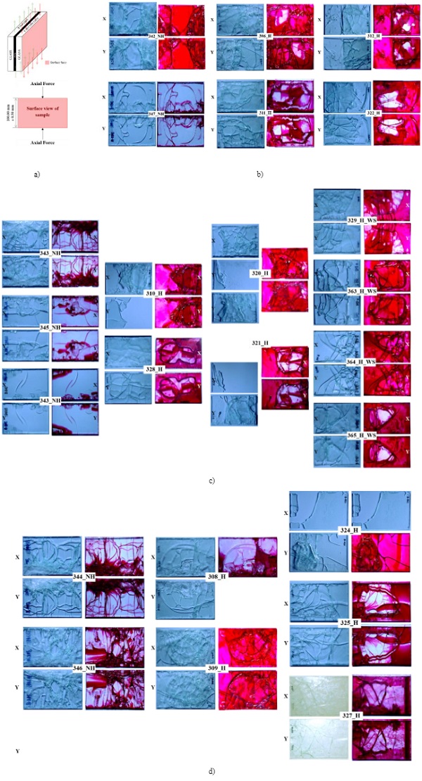 Fig. 11 a) Orientation of sample in jig b) Surface view of samples post-test, before and after dye infiltration at 0.12 5mm/min c) Surface view of samples post-test, before and after dye infiltration at 0.5 mm/min  d) Surface view of samples post-test, before and after dye infiltration at 1.0 mm/min.