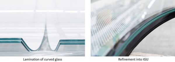 Fig. 12: Lamination of curved glass (left) and refinement of the glass into an IGU (right) © sedak.