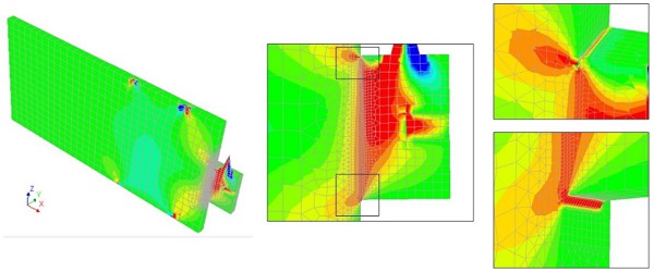 Fig. 12 Distribution of shear Cauchy stresses (σxz) in the overall specimen (left), close to interface of the connection (centre), close to the free edges of the adhesive (right)