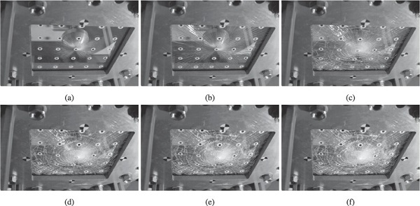 Fig. 12. Images from a test on laminated glass with impact velocity of 4.02 m/s at (a) 0.60 ms, (b) 0.68 ms, (c) 2.52 ms, (d) 6.00 ms, (e) 8.00 ms, and (f) 10.0 ms after contact.