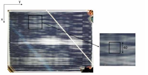 Figure 13. The anisotropy distribution of 585 x 800 mm2 tempered glass plate. In the enlarged area on the right the 40 x 40 mm2 is marked to present the similar area to one presented in Fig. 10