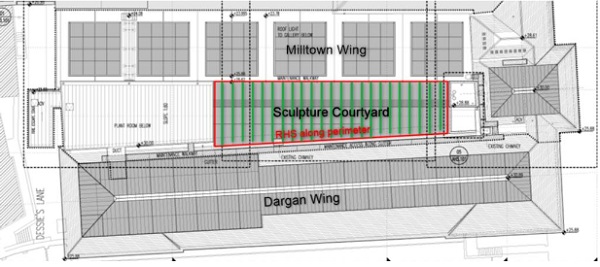 Fig. 14 Situation glass roof Sculpture Courtyard, green glass fins.