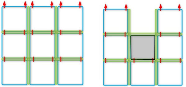 Fig. 15: Mechanical schematization of load path with broken panels. Blue: glass panel, red: steel duos, green: silicone seam. At the top, the glass is suspended from the roof, indicated by red arrows. On the right picture the vertical chain is broken and requires a load re-distribution.