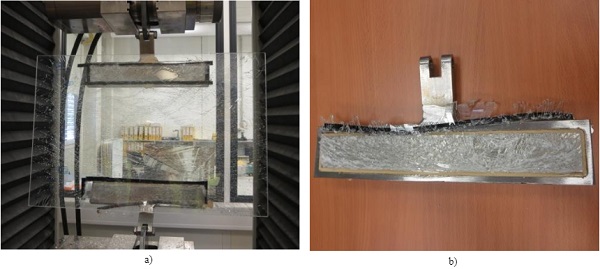 Fig. 15 a) Glass sample after failure, b) Adhesive layer covered with glass fragments.(©seele).