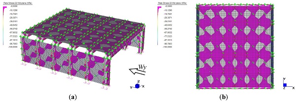 Figure 17. PM TVTγ-bis ULS non-linear static analysis, minimum principal stress: (a) global view; (b) plan view.