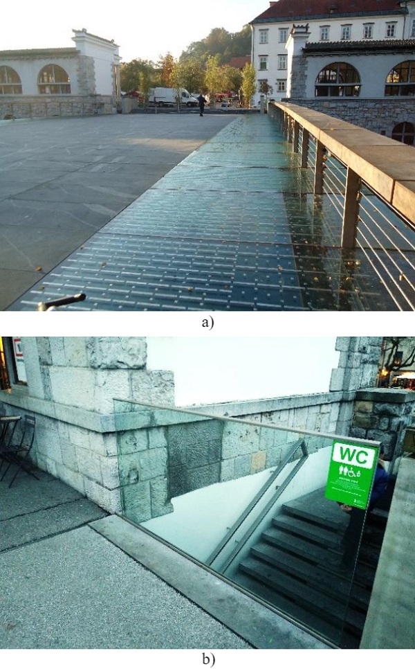 Fig. 1 Butchers’ bridge with laminated glass bridge deck over the river Ljubljanica in Ljubljana a) and laminated glass balustrade b).