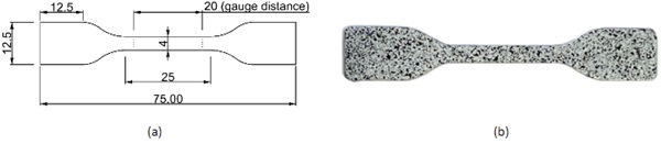 Fig. 1: Adhesive dumbbell specimen. a) Dumbbell dimensions according to Type 2 dumbbells of ISO 37 (2021) with thickness of 2 mm. b) DIC speckle pattern on dumbbell specimen surface.