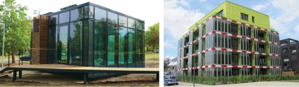 Fig. 1: Pilot projects. Left) Demonstration pavilion with a thermally regulated fluid in the pane cavity (InDeWaG 2023)Right) BIQ with photobioreactor façade (Energie Zukunft 2020).