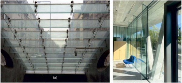 Fig. 1. Examples of laminated glass beams used (a) in a horizontal position to support a transparent roof for a canopy over an underground entrance and (b) in a vertical position to support a transparent façade in a school building.