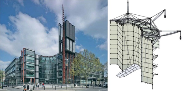 Fig. 1: Channel 4 HQ, London,  atrium in the centre, 3D Model of the Atrium.