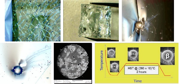 Fig.1: Different aspects of spontaneous breakages due to nickel sulphide inclusions, as explained in the text