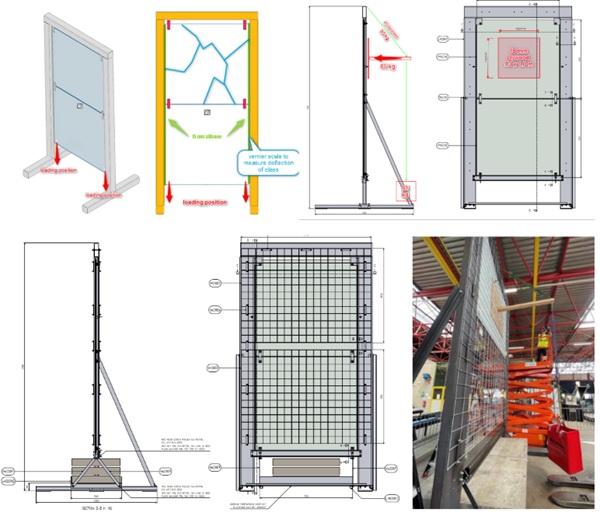 Fig. 22: Full scale test mock up: two glass panels are suspended in a steel frames, the first load path are the mechanical connections, the second load path the structural sealant.