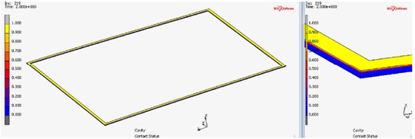 Figure 23: Full scale FE model, contact check of primary seal structural silicone to frame (yellow: 1 - full contact, blue: 0 - no contact)