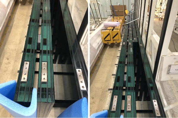 Fig. 25: Fabrication of the diagonal glass with the titanium inserts, © sedak.