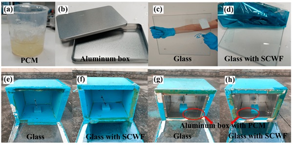 Figure 2. Appearance of the materials received and the corresponding constructed room models: (a) PCM; (b) aluminum box; (c) glass; (d) glass with SCWF; (e) room model with glass; (f) room model with SCWF-coated glass; (g) room model with glass and PCM panels; (h) room model with SCWF-coated glass and PCM panels.