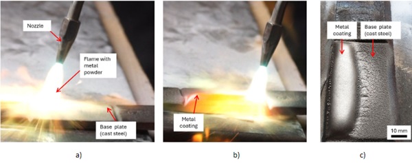 Fig. 2: Flame spraying on cast steel with SuperJet-S (CastoSuperJetS  2024): a) Process at beginning; b) Process at the end; c) Metal coating on cast steel.