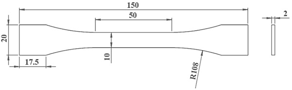 Fig. 2: Bulk EA 9455 adhesive tensile testing geometry (dimensions in mm).