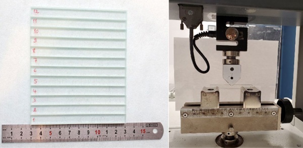 Fig. 2: Beam specimens (left) and 3-  point bending test (right).