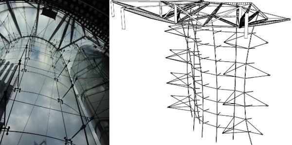 Fig. 2: General view of entrance screen construction, Image left of cable net, Image right preliminary structural model.