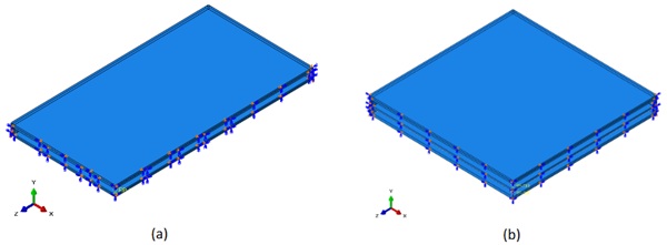 Fig. 2: Present FE models of (a) DGU and (b) TGU systems (Abaqus, ¼th the nominal geometry).