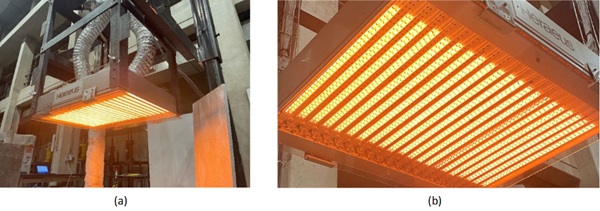 Fig. 2: Radiant panel: (a) Infrared emitters operating at 10% intensity, (b) Close-up of emitters operating at 10% intensity.