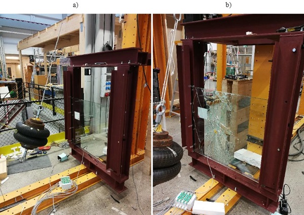 Fig. 3 Soft-body impact test set-up: a) intact specimen, b) specimen with one glass pane in the laminate fractured.