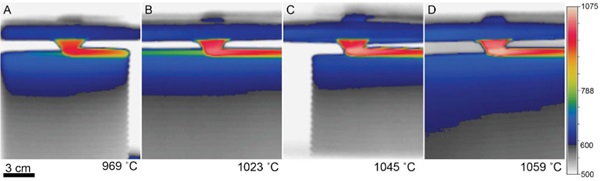 Fig. 3: Thermography of different glass formulations during printing A) Spruce Pine 87 B) Spruce Pine PWV C) Sapphire D) Optifloat.