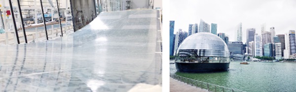 Fig. 3: Lamination bending of a multi-layered laminated glass (left) and final façade application at Apple Store Marina Bay (right) © sedak.