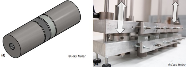 Fig. 3: Test specimens of the investigations: a) Representation of the sample including the steel cylinder for load application;  b) Jig for manufacturing the test specimens.