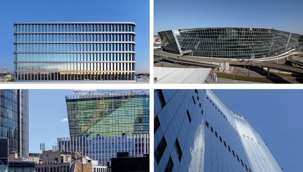 Fig. 4: Closed-Cavity Facades at MIZAL, Düsseldorf (top, left, ©Axel Thomae),  The Circle at Zurich Airport (top, right, ©Rene Dürr Architekturfotografie) One FenCourt, London (bottom, left, ©Simon Kennedy) and22 Bishopsgate, London (bottom, right, ©Simon Kennedy).