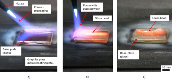 Fig. 4: Flame spraying with glass powder (soda-lime silicate glass) on glass plate (soda-lime silicate glass) with SuperJet-S (CastoSuperJetS 2024) (sample V6.1): a) Pre-heating of glass plate; b) Creation of a glass bead; c) Finished process.