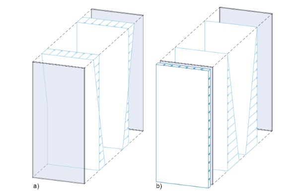 Fig. 4: Exploded views of front and rear glazing with different load cases: a) Long-term load case: hydrostatic pressure with system technology to create a vacuum in the pane cavity, b) Unusual short-term load combination: failure of vacuum technology and simultaneous wind suction.