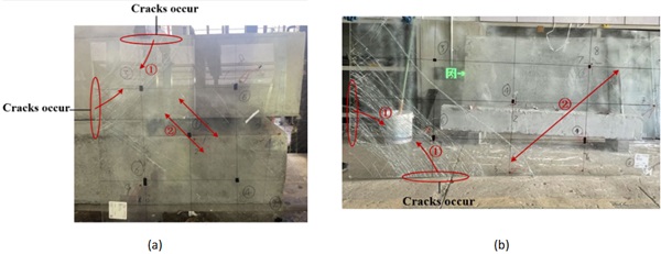 Fig. 4:   The location of cracks of: (a) C-1, (b) C-2.