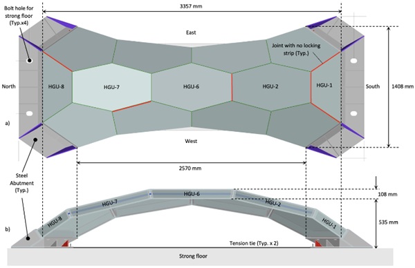 Fig. 4: a) Plan and b) elevation view of the bridge Tortuca.