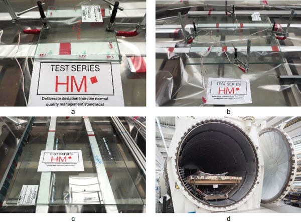Fig. 4: Autoclave loading – Specimen Format 2 with 2 clamps (a), Specimen Format 1 with 4 clamps (b), Preconditioned Specimen Format 2 without clamps (c), and Specimens inside the autoclave (d).
