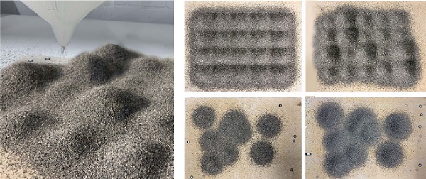 Fig. 5: Sand patterns; a) in a regular grid with constant extrusion volume; b) with sand heights;  c) in a shuffled grid with even volumes; d) with varying sand heights. 