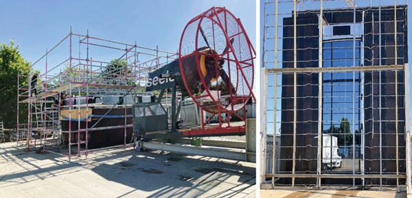 Fig. 5:   Test setups with the performance mock-up of the roof (left) and façade (right) pane in Gersthofen, Germany. © seele